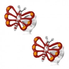 Srebrne kolczyki 925, czerwony motylek z wyciętymi skrzydłami, patyna