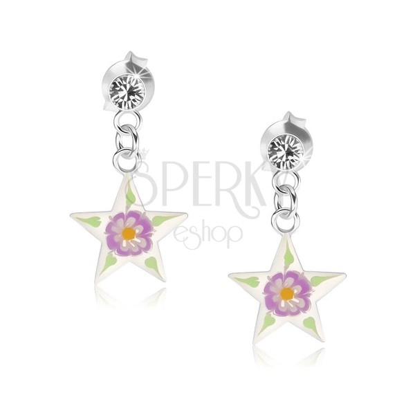 Srebrne kolczyki 925, gwiazda z przejrzystą emalią, kolorowy kwiatek