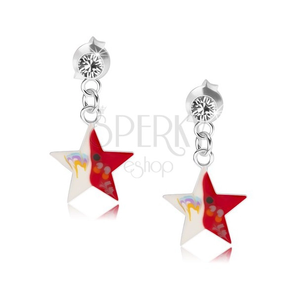 Kolczyki ze srebra 925, przezroczysty kryształek, czerwono-biała gwiazda z dekoracją