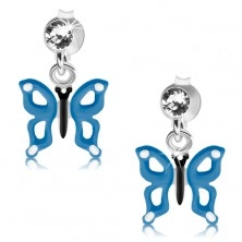 Srebrne kolczyki 925, niebiesko-biały motylek z wycięciami na skrzydłach, kryształ
