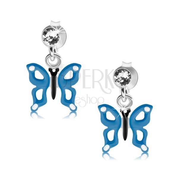 Srebrne kolczyki 925, niebiesko-biały motylek z wycięciami na skrzydłach, kryształ