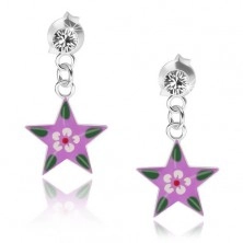 Kolczyki ze srebra 925, przezroczysty kryształek, fioletowa gwiazda z kolorowym kwiatkiem