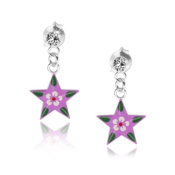 Kolczyki ze srebra 925, przezroczysty kryształek, fioletowa gwiazda z kolorowym kwiatkiem