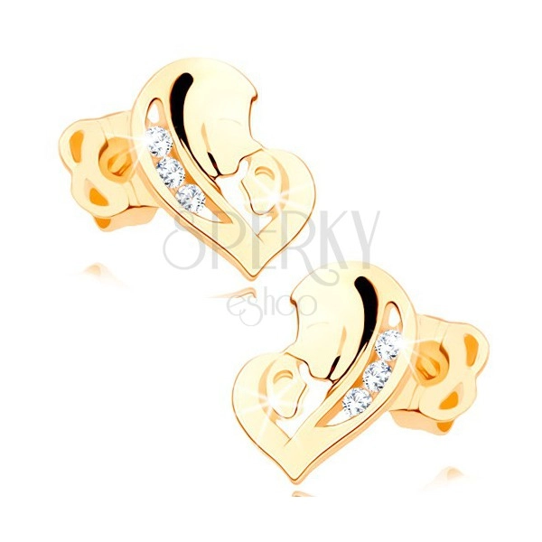 Kolczyki w żółtym 14K złocie - asymetryczne serce z dwóch kształtów, przezroczyste cyrkonie
