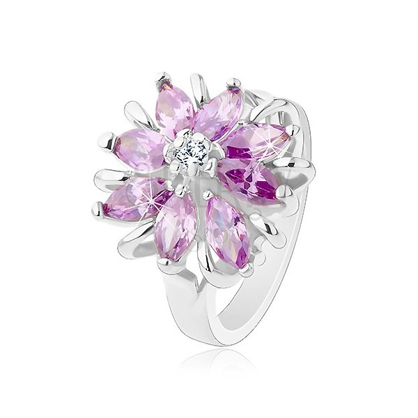 Lśniący pierścionek, srebrny odcień, lśniący kwiat z kolorowych ziarenkowych cyrkonii