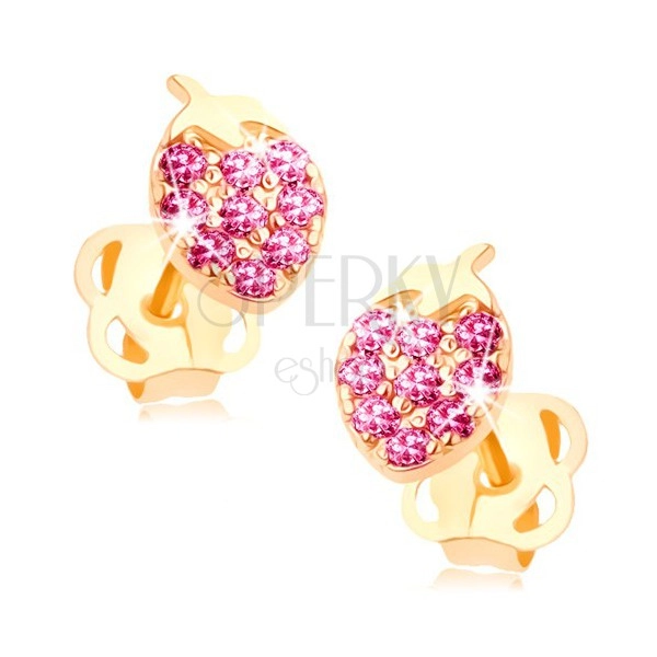 Kolczyki w żółtym 14K złocie - lśniąca truskawka wyłożona różowymi cyrkoniami