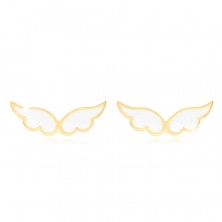 Złote kolczyki 585 - anielskie skrzydła ozdobione białą emalią, wkręty