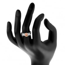 Lśniący pierścionek ze stali, przezroczyste cyrkoniowe pasy, owalna kolorowa cyrkonia