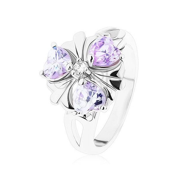 Pierścionek w srebrnym odcieniu, kwiatek z fioletowymi cyrkoniowymi serduszkami