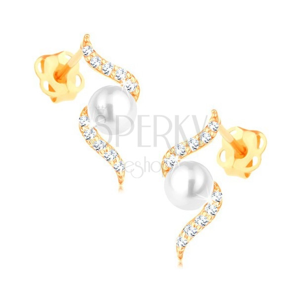 Kolczyki z żółtego 14K złota - błyszcząca spirala z perłą białego koloru