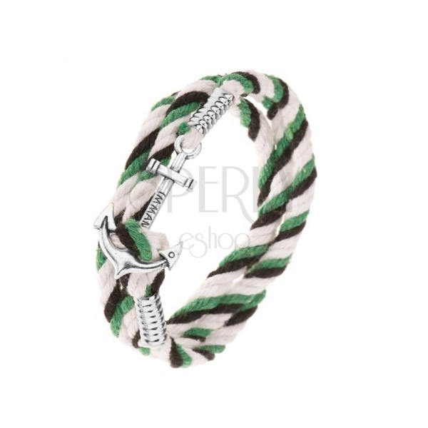 Pleciona bransoletka z czarnych, zielonych i dwóch białych sznurków, lśniąca kotwica