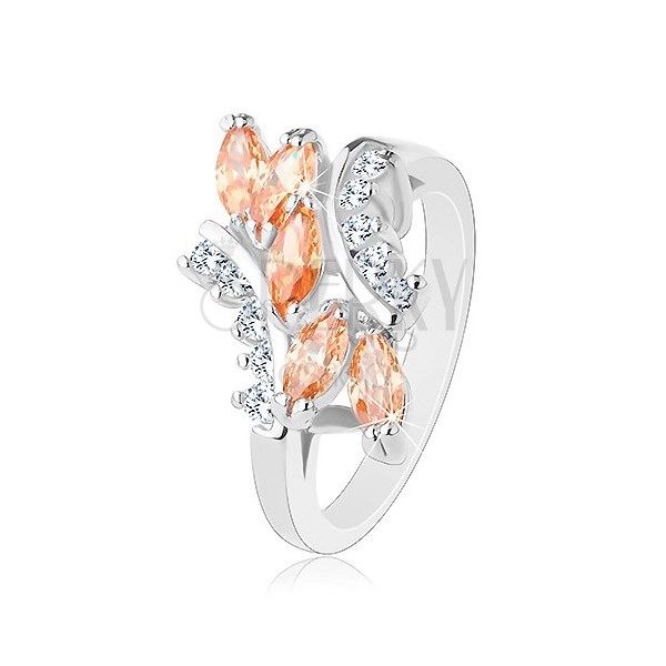 Błyszczący pierścionek w srebrnym odcieniu, pomarańczowe ziarenka, przezroczyste cyrkonie