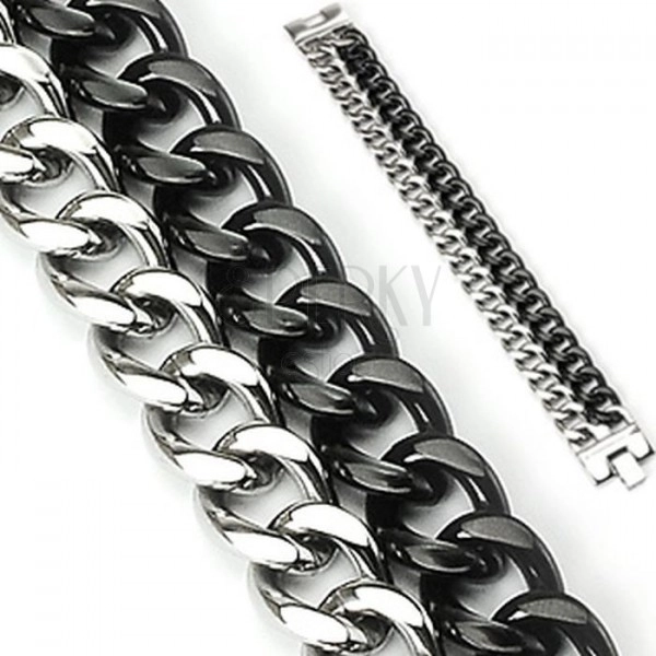 Masywna bransoletka ze stali - dwa łańcuszki, kolor czarno-srebrny