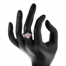 Lśniący pierścionek w srebrnym odcieniu, różowe cyrkoniowe owale, przezroczyste cyrkonie