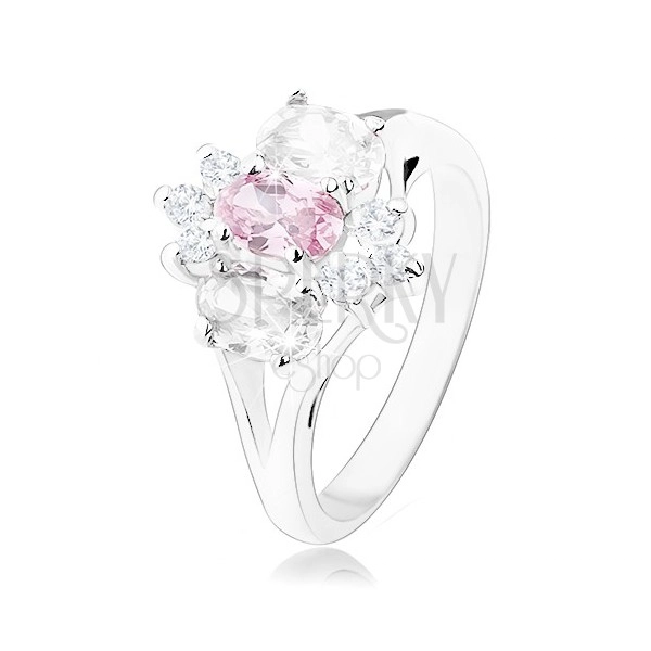 Błyszczący pierścionek w srebrnym odcieniu, rozdzielone ramiona, różowo-przezroczysty kwiat