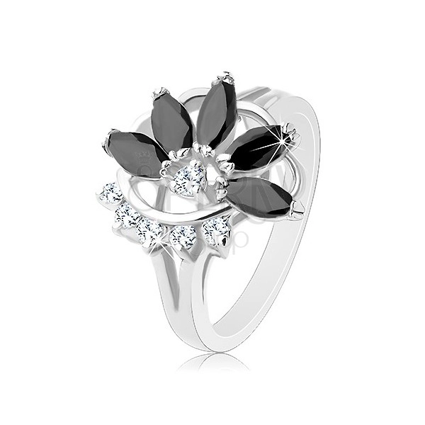 Błyszczący pierścionek w srebrnym odcieniu, przezroczysty cyrkoniowy łuk, czarny niepełny kwiat