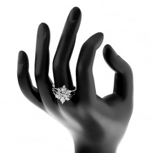 Błyszczący pierścionek, srebrny kolor, przezroczysty cyrkoniowy kwiat, rozgałęzione ramiona