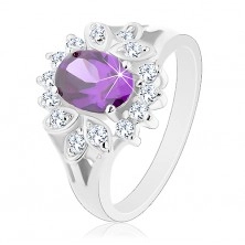 Błyszczący pierścionek z rozdzielonymi ramionami, cyrkonia fioletowego koloru, przezroczysta oprawa
