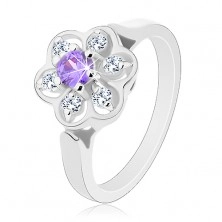 Błyszczący pierścionek w srebrnym odcieniu, fioletowo-przezroczysty cyrkoniowy kwiatek