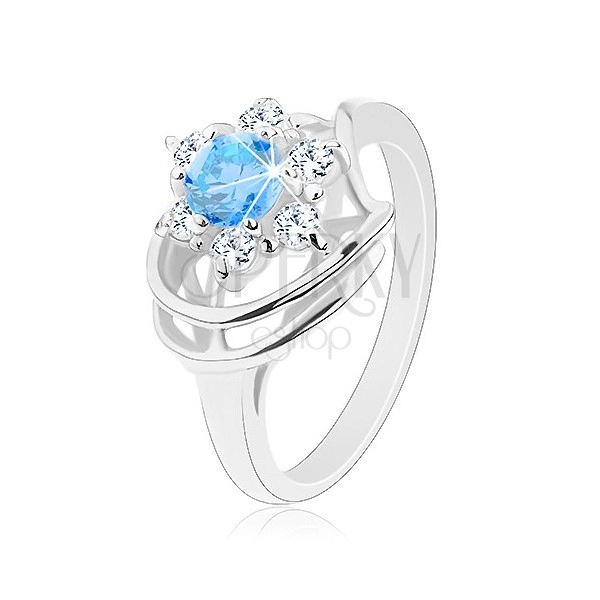 Błyszczący pierścionek, niebiesko-przezroczysty cyrkoniowy kwiatek, lśniące łuki