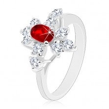Błyszczący pierścionek, srebrny kolor, czerwony owal, przezroczyste cyrkonie