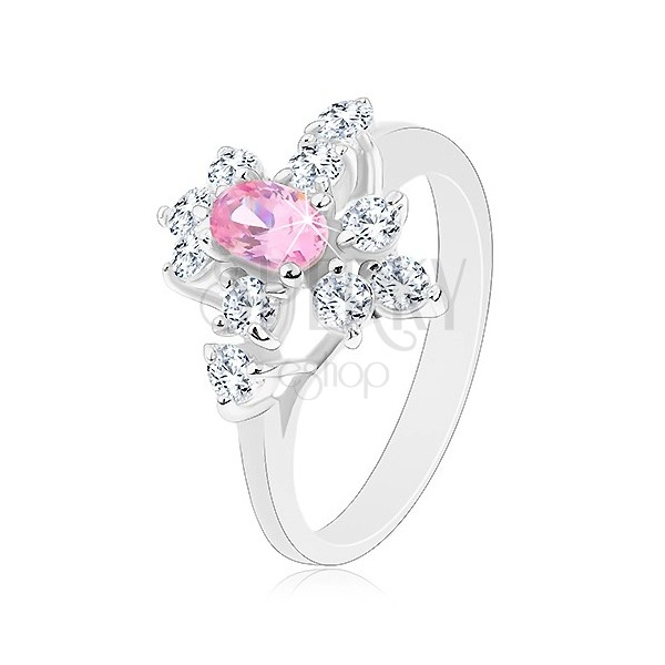 Błyszczący pierścionek srebrnego koloru, różowy owal, przezroczyste cyrkonie