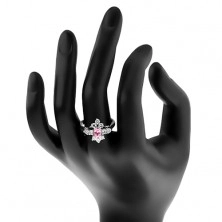 Błyszczący pierścionek srebrnego koloru, różowy owal, przezroczyste cyrkonie