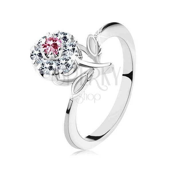 Lśniący pierścionek z różowo-przezroczystym cyrkoniowym kwiatkiem, łodyga z listkami