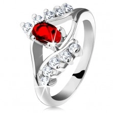 Błyszczący pierścionek w srebrnym odcieniu, czerwony wyszlifowany owal, przezroczyste cyrkonie
