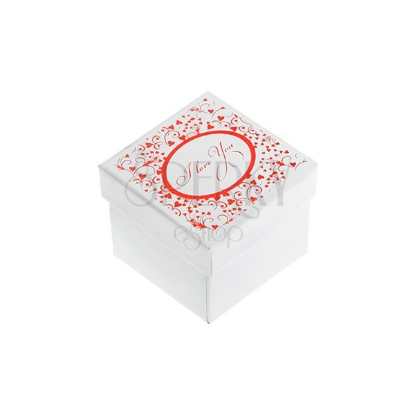 Lśniące białe pudełeczko na pierścionek, kolczyki lub zawieszkę, czerwony druk, napis