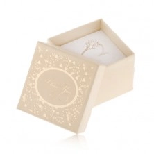 Upominkowe pudełeczko w beżowym odcieniu, ornamenty i napis złotego koloru