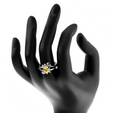 Błyszczący pierścionek z rozdzielonymi ramionami, żółto-przezroczyste cyrkonie, lśniące łuki