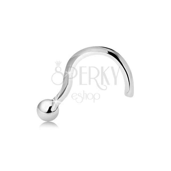 Zagięty piercing do nosa z białego 14K złota - drobna lśniąca kuleczka, 2 mm