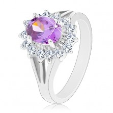 Błyszczący pierścionek srebrnego koloru, fioletowy owal, cyrkoniowa oprawa
