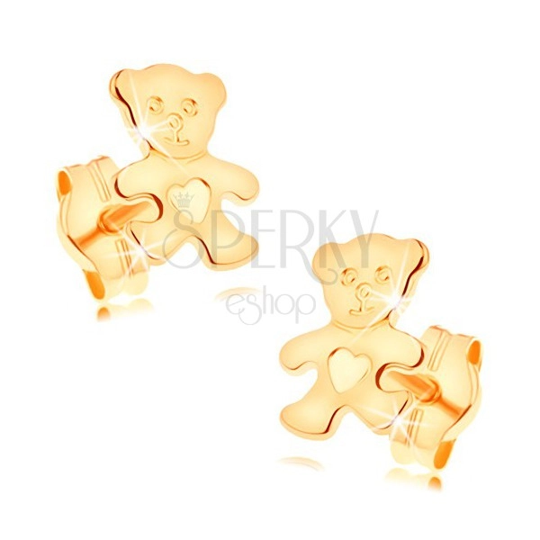 Kolczyki z żółtego 14K złota - błyszczący płaski niedźwiadek z serduszkiem na brzuszku