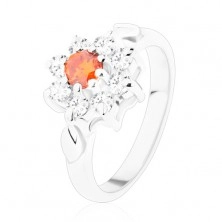 Połyskliwy pierścionek z kwiatkiem i listkami, cyrkonie pomarańczowego i bezbarwnego koloru