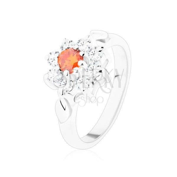 Połyskliwy pierścionek z kwiatkiem i listkami, cyrkonie pomarańczowego i bezbarwnego koloru