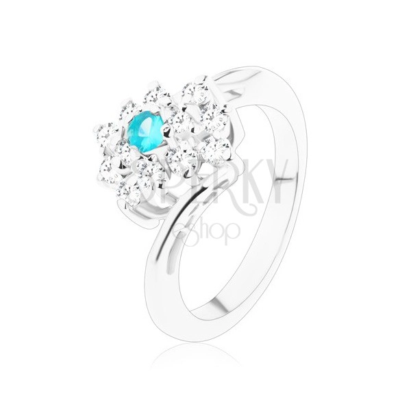 Błyszczący pierścionek w srebrnym odcieniu, prostokąt bezbarwnego i jasnoniebieskiego koloru