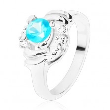 Błyszczący pierścionek z przezroczystymi łukami, jasnoniebieska okrągła cyrkonia, półksiężyce