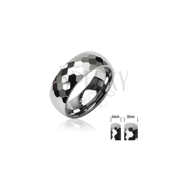 Wolframowy pierścionek srebrnego koloru, wyszlifowane lśniące sześciokąty, 6 mm 