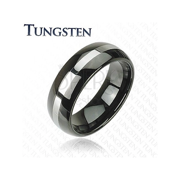 Czarna obrączka Tungsten, pas srebrnego koloru, zaokrąglona powierzchnia, 8 mm