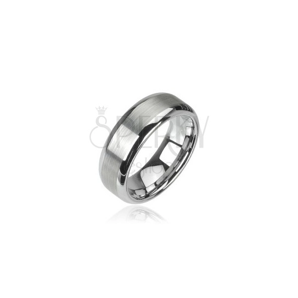 Wolframowy pierścionek srebrnego koloru, matowy środkowy pas i lśniące krawędzie, 8 mm