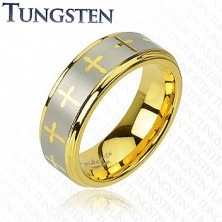 Tungsten pierścionek w złotym odcieniu, krzyżyki i pas srebrnego koloru, 8 mm