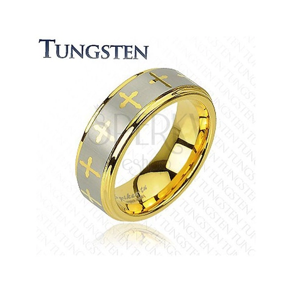 Tungsten pierścionek w złotym odcieniu, krzyżyki i pas srebrnego koloru, 8 mm