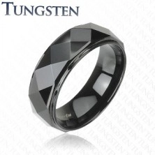 Czarny pierścionek z wolframu, podwyższony pas o lśniącej wyszlifowanej powierzchni, 8 mm