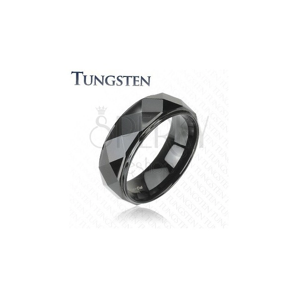 Czarny pierścionek z wolframu, podwyższony pas o lśniącej wyszlifowanej powierzchni, 8 mm