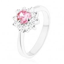 Lśniący pierścionek z cyrkoniowym kwiatkiem różowego i bezbarwnego koloru, zwężone ramiona