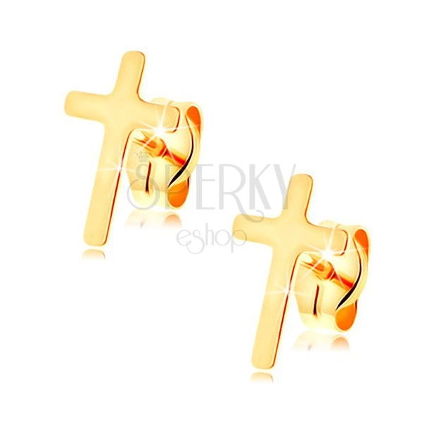 Kolczyki z żółtego 14K złota - mały krzyż łaciński, wysoki połysk, wkręty