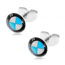 Okrągłe stalowe kolczyki - czarno-biało-niebieskie logo marki samochodu, wkręty