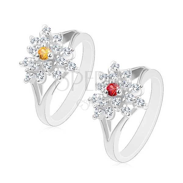 Błyszczący pierścionek z rozdzielonymi ramionami, przezroczysty cyrkoniowy kwiatek, barwny środek